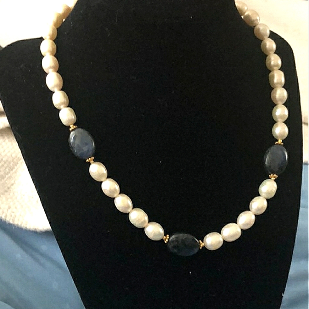 Vintage Freshwater Pearl and Blue Stone Necklace